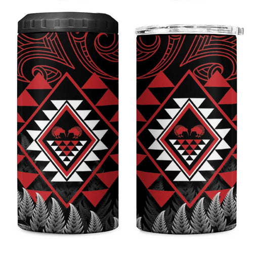 Aotearoa Kiwi Taniko 4 in 1 Can Cooler Tumbler Silver Fern With Maori Koru Pattern