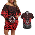 Aotearoa Kiwi Taniko Couples Matching Off Shoulder Short Dress and Hawaiian Shirt Silver Fern With Maori Koru Pattern