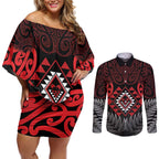 Aotearoa Kiwi Taniko Couples Matching Off Shoulder Short Dress and Long Sleeve Button Shirt Silver Fern With Maori Koru Pattern
