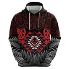 Aotearoa Kiwi Taniko Hoodie Silver Fern With Maori Koru Pattern