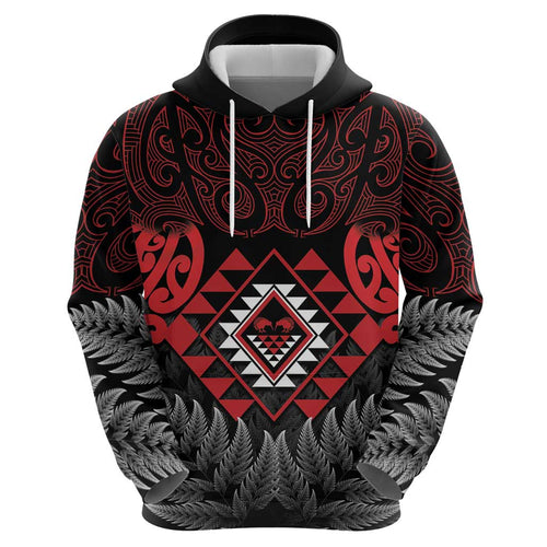 Aotearoa Kiwi Taniko Hoodie Silver Fern With Maori Koru Pattern