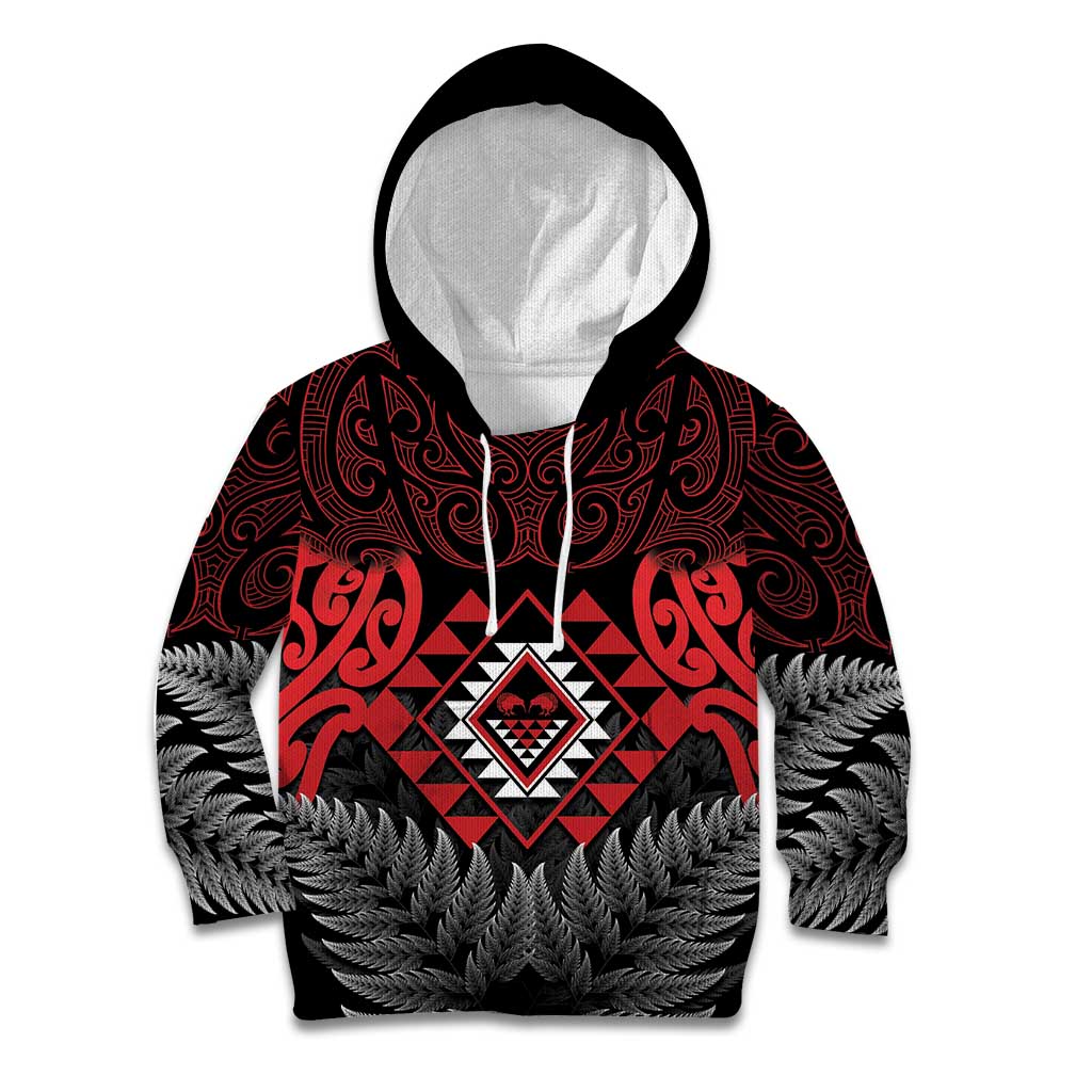 Aotearoa Kiwi Taniko Kid Hoodie Silver Fern With Maori Koru Pattern