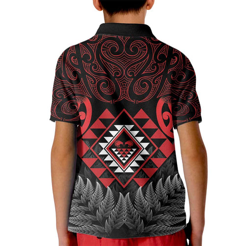 Aotearoa Kiwi Taniko Kid Polo Shirt Silver Fern With Maori Koru Pattern