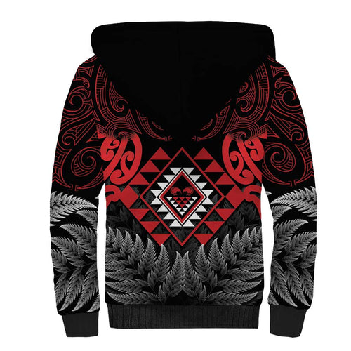 Aotearoa Kiwi Taniko Sherpa Hoodie Silver Fern With Maori Koru Pattern