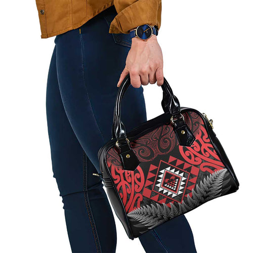 Aotearoa Kiwi Taniko Shoulder Handbag Silver Fern With Maori Koru Pattern