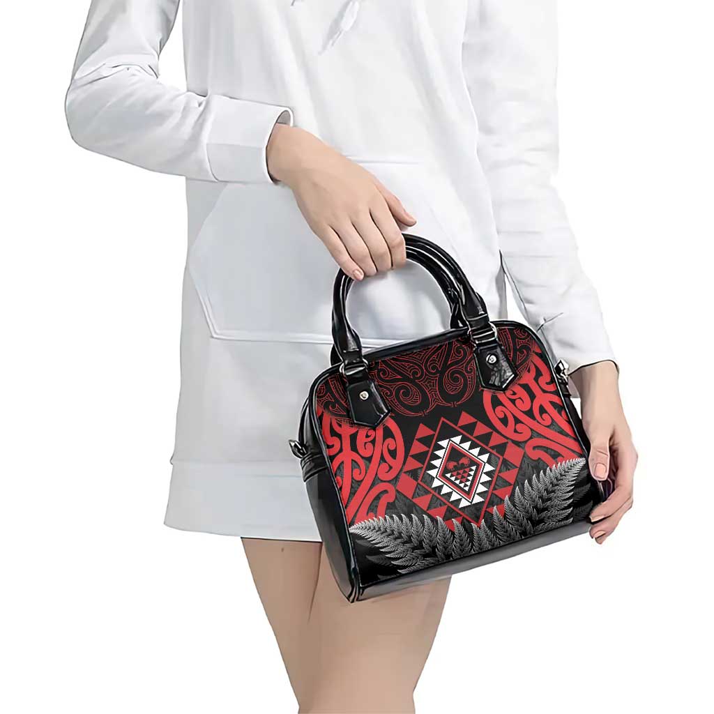 Aotearoa Kiwi Taniko Shoulder Handbag Silver Fern With Maori Koru Pattern