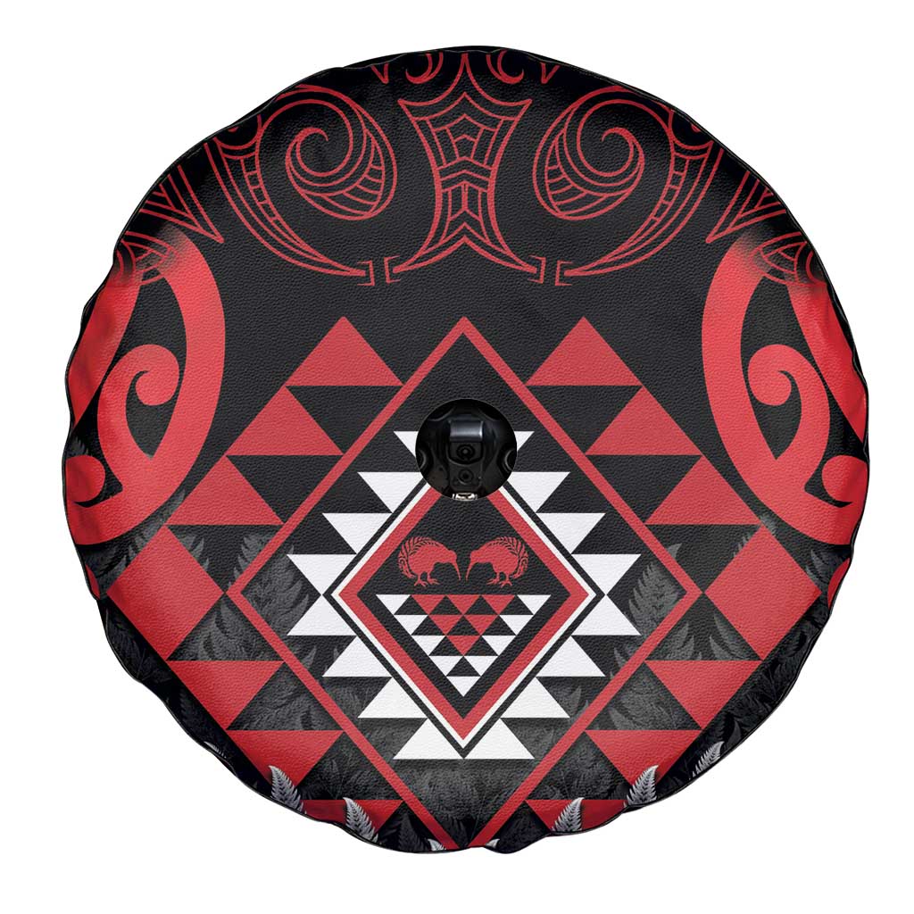 Aotearoa Kiwi Taniko Spare Tire Cover Silver Fern With Maori Koru Pattern