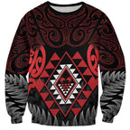 Aotearoa Kiwi Taniko Sweatshirt Silver Fern With Maori Koru Pattern