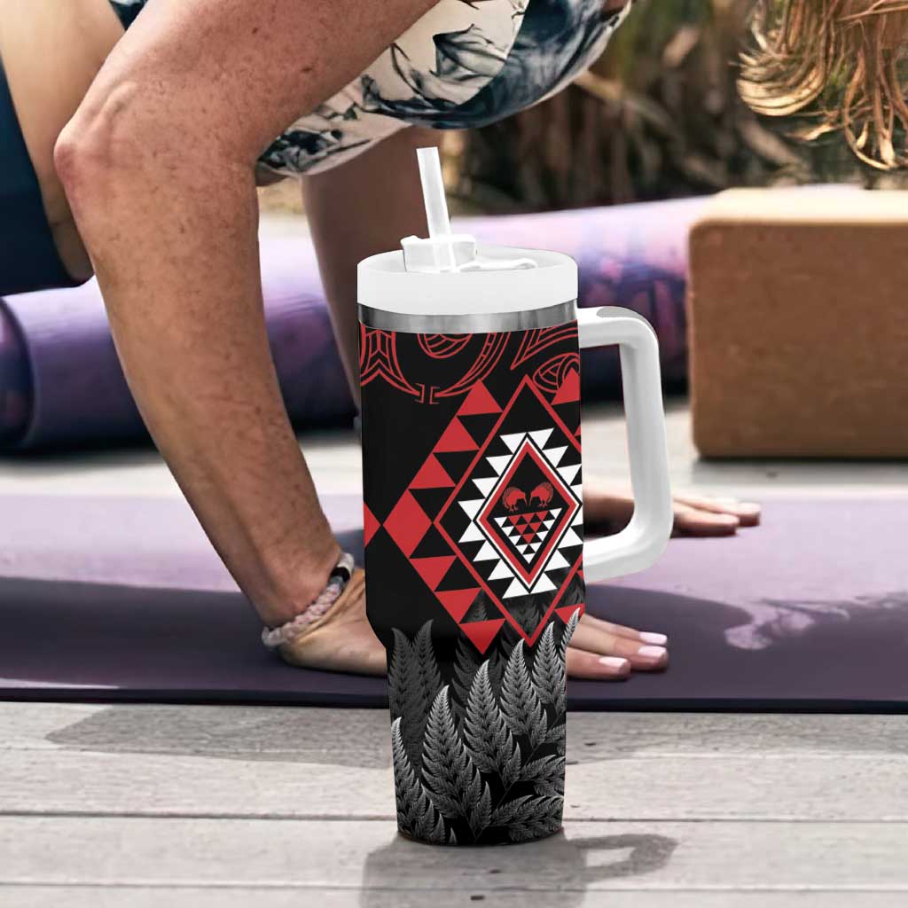Aotearoa Kiwi Taniko Tumbler With Handle Silver Fern With Maori Koru Pattern