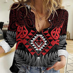 Aotearoa Kiwi Taniko Women Casual Shirt Silver Fern With Maori Koru Pattern