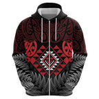 Aotearoa Kiwi Taniko Zip Hoodie Silver Fern With Maori Koru Pattern