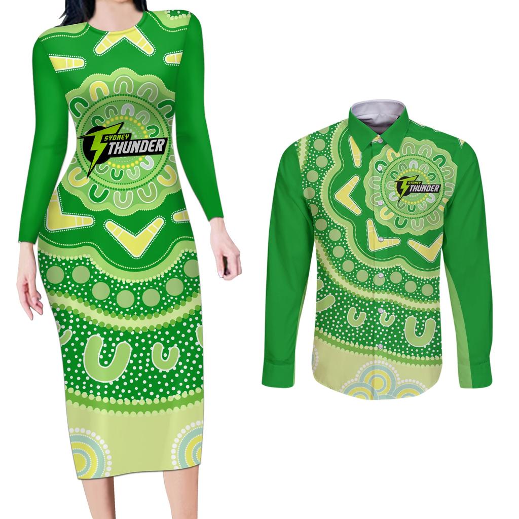 Custom BBL Thunder Cricket Couples Matching Long Sleeve Bodycon Dress and Long Sleeve Button Shirt 2024 Aboriginal Art