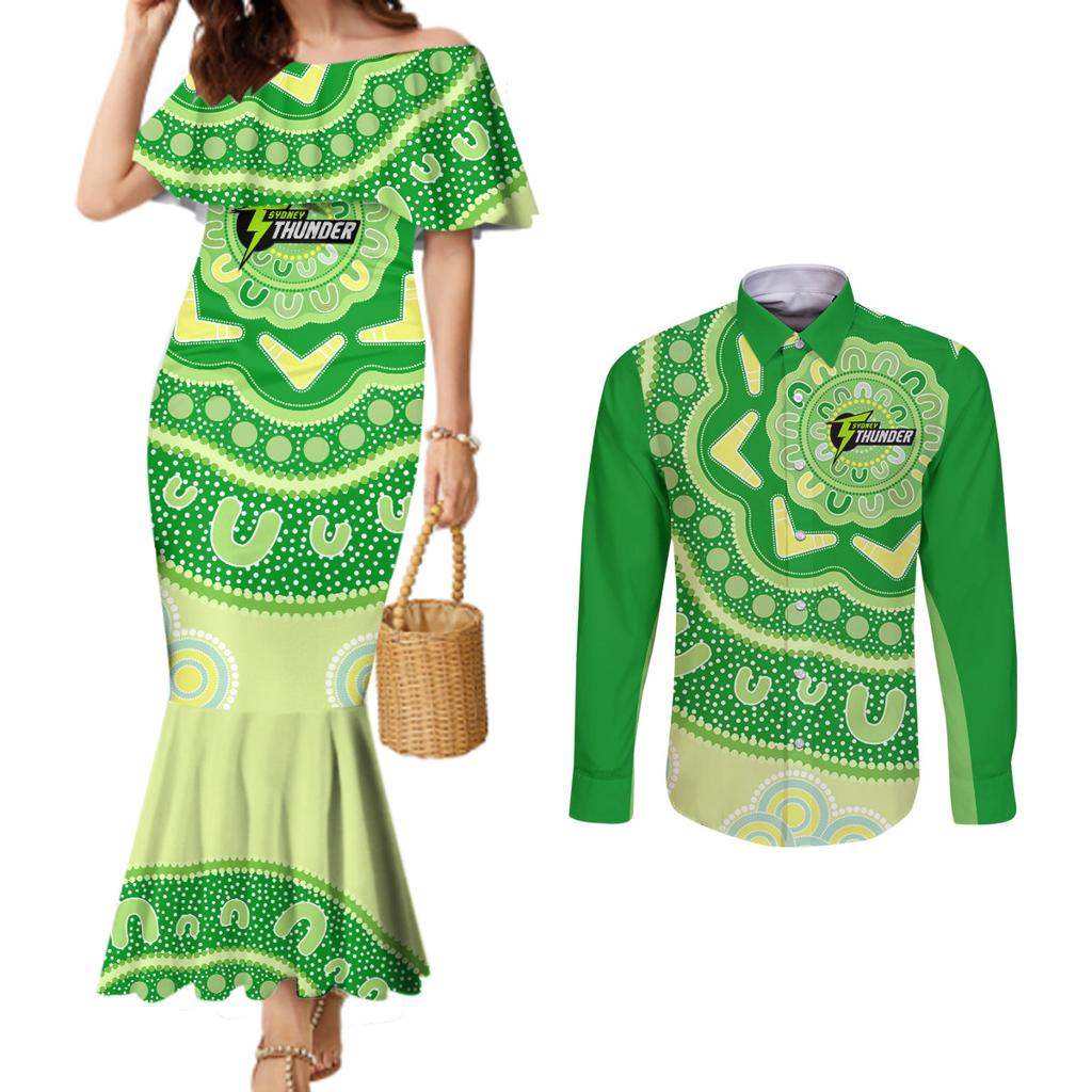 Custom BBL Thunder Cricket Couples Matching Mermaid Dress and Long Sleeve Button Shirt 2024 Aboriginal Art