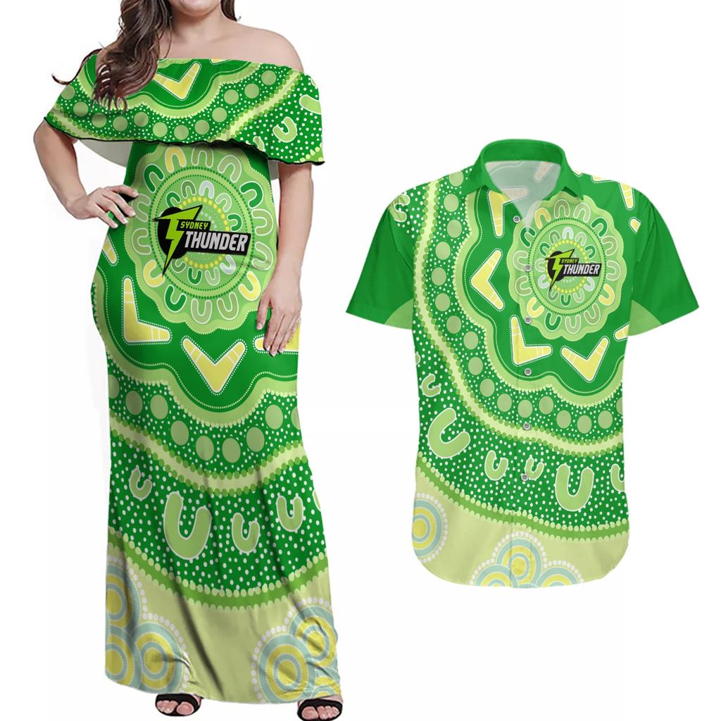 Custom BBL Thunder Cricket Couples Matching Off Shoulder Maxi Dress and Hawaiian Shirt 2024 Aboriginal Art