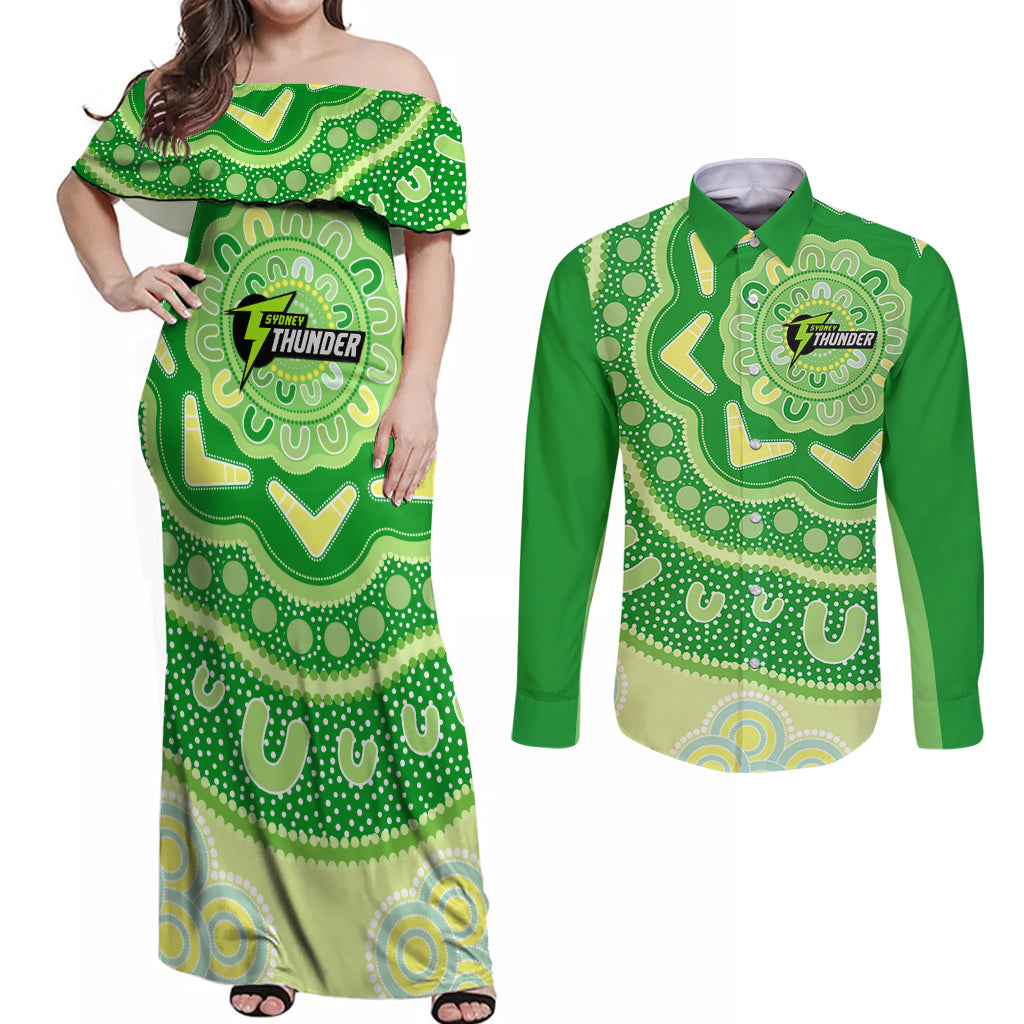 Custom BBL Thunder Cricket Couples Matching Off Shoulder Maxi Dress and Long Sleeve Button Shirt 2024 Aboriginal Art