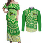 Custom BBL Thunder Cricket Couples Matching Off Shoulder Maxi Dress and Long Sleeve Button Shirt 2024 Aboriginal Art