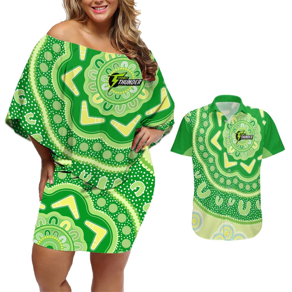 Custom BBL Thunder Cricket Couples Matching Off Shoulder Short Dress and Hawaiian Shirt 2024 Aboriginal Art
