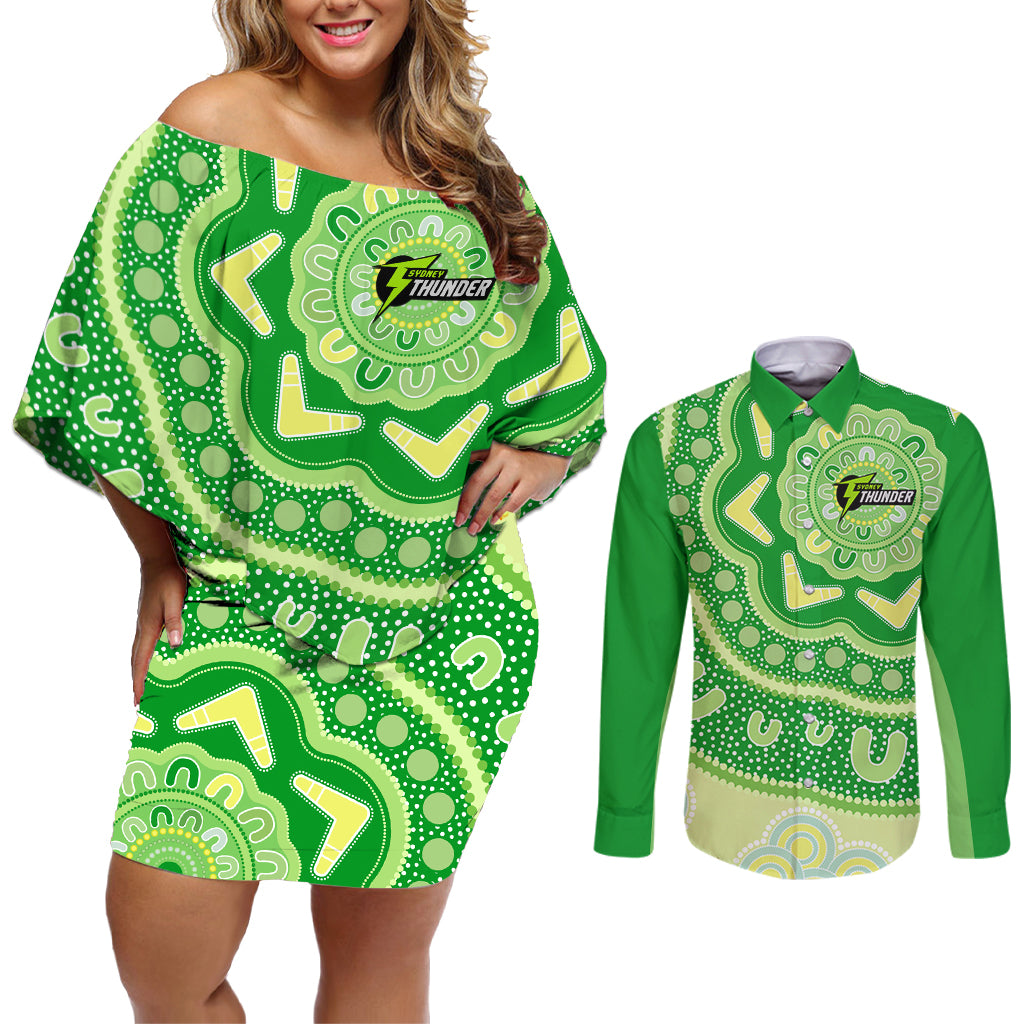 Custom BBL Thunder Cricket Couples Matching Off Shoulder Short Dress and Long Sleeve Button Shirt 2024 Aboriginal Art