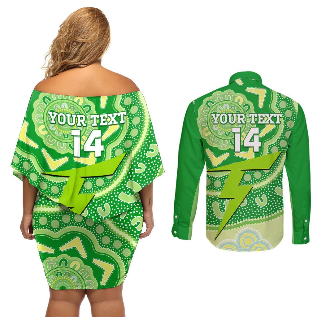Custom BBL Thunder Cricket Couples Matching Off Shoulder Short Dress and Long Sleeve Button Shirt 2024 Aboriginal Art