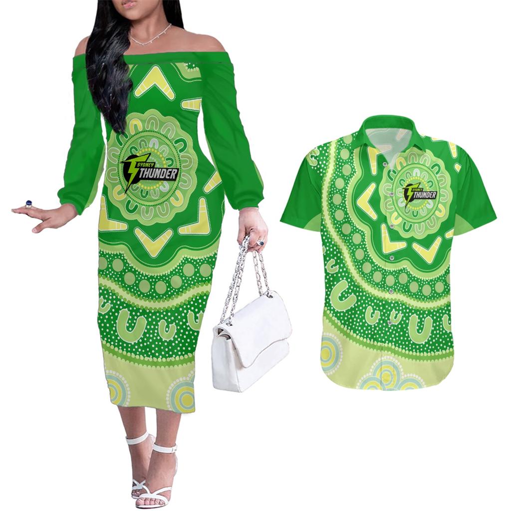 Custom BBL Thunder Cricket Couples Matching Off The Shoulder Long Sleeve Dress and Hawaiian Shirt 2024 Aboriginal Art