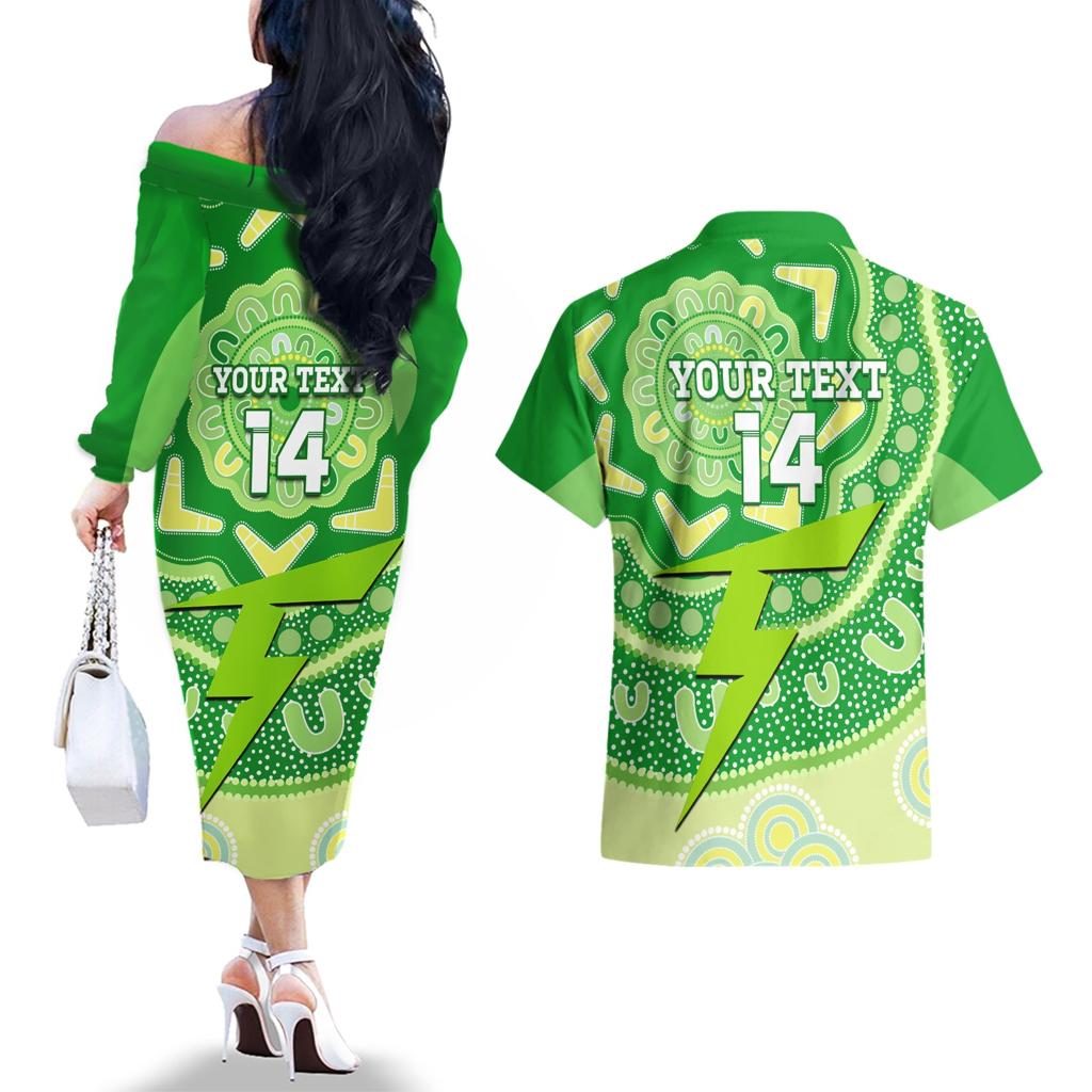Custom BBL Thunder Cricket Couples Matching Off The Shoulder Long Sleeve Dress and Hawaiian Shirt 2024 Aboriginal Art