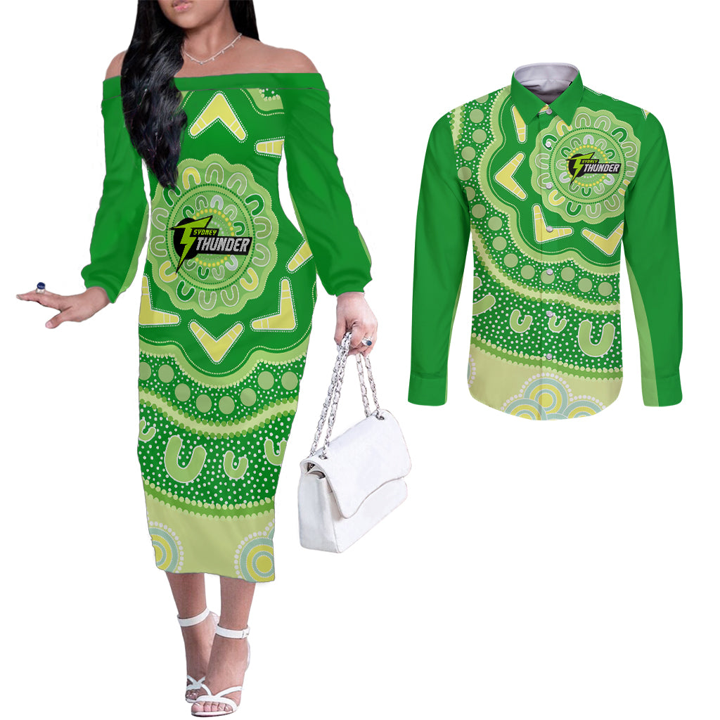 Custom BBL Thunder Cricket Couples Matching Off The Shoulder Long Sleeve Dress and Long Sleeve Button Shirt 2024 Aboriginal Art