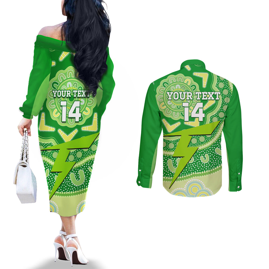 Custom BBL Thunder Cricket Couples Matching Off The Shoulder Long Sleeve Dress and Long Sleeve Button Shirt 2024 Aboriginal Art