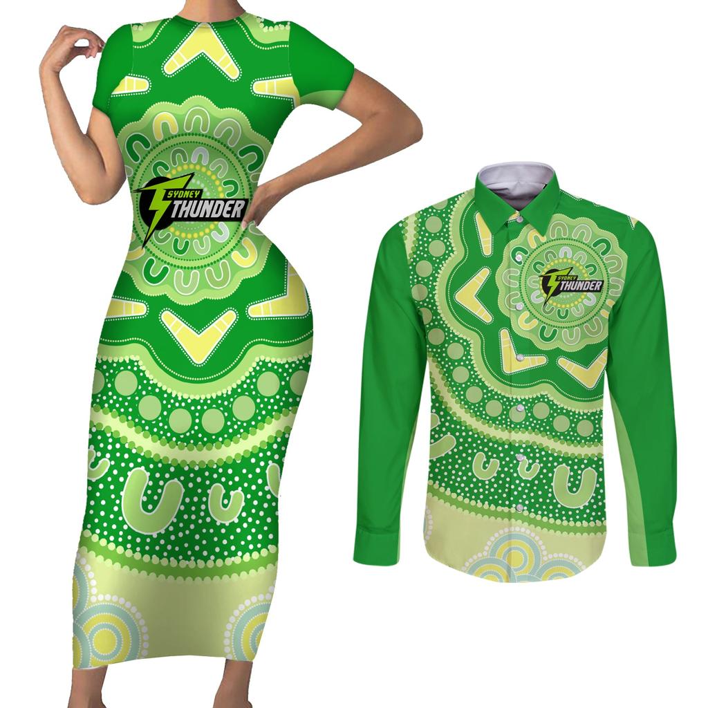 Custom BBL Thunder Cricket Couples Matching Short Sleeve Bodycon Dress and Long Sleeve Button Shirt 2024 Aboriginal Art