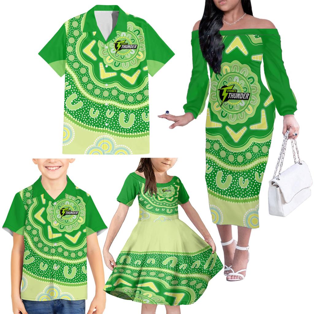 Custom BBL Thunder Cricket Family Matching Off Shoulder Long Sleeve Dress and Hawaiian Shirt 2024 Aboriginal Art