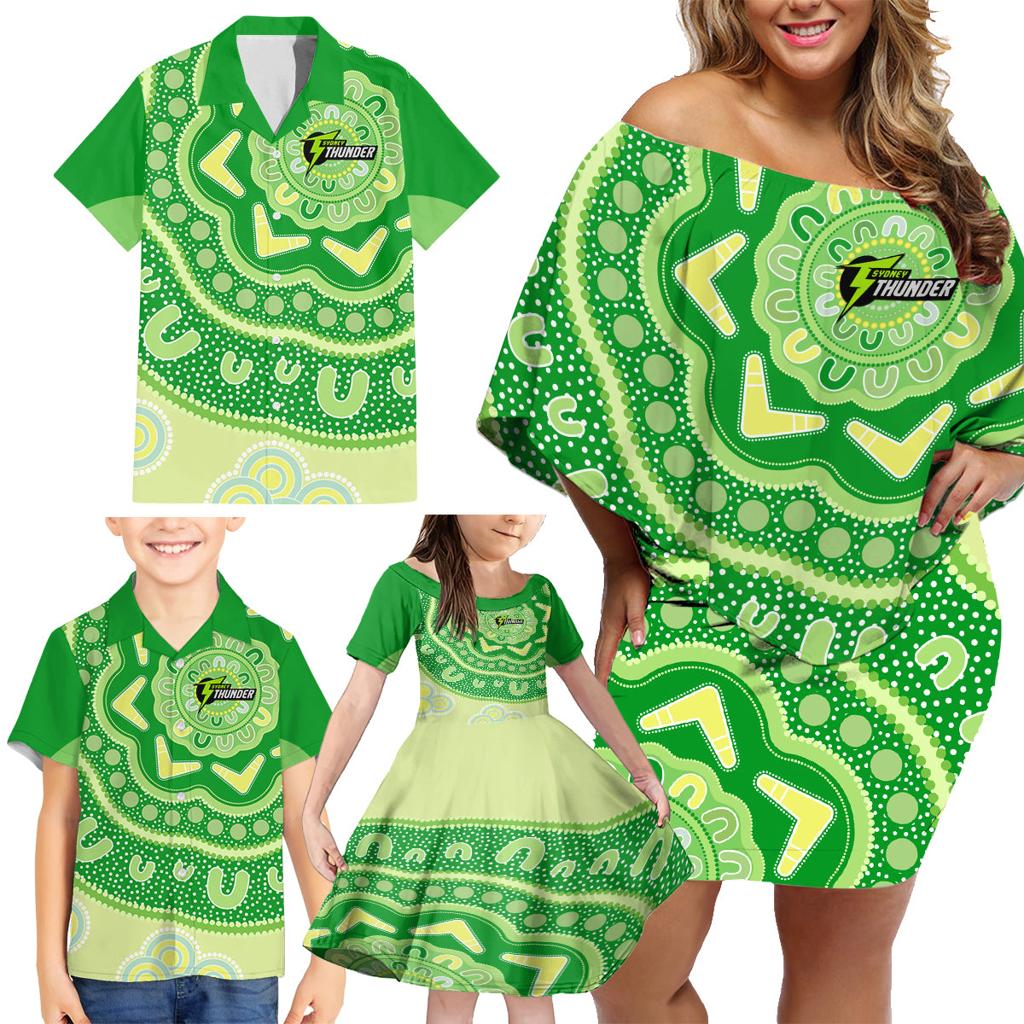 Custom BBL Thunder Cricket Family Matching Off Shoulder Short Dress and Hawaiian Shirt 2024 Aboriginal Art