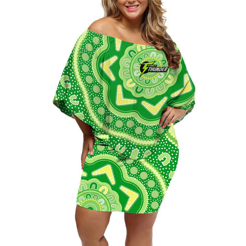 Custom BBL Thunder Cricket Family Matching Off Shoulder Short Dress and Hawaiian Shirt 2024 Aboriginal Art