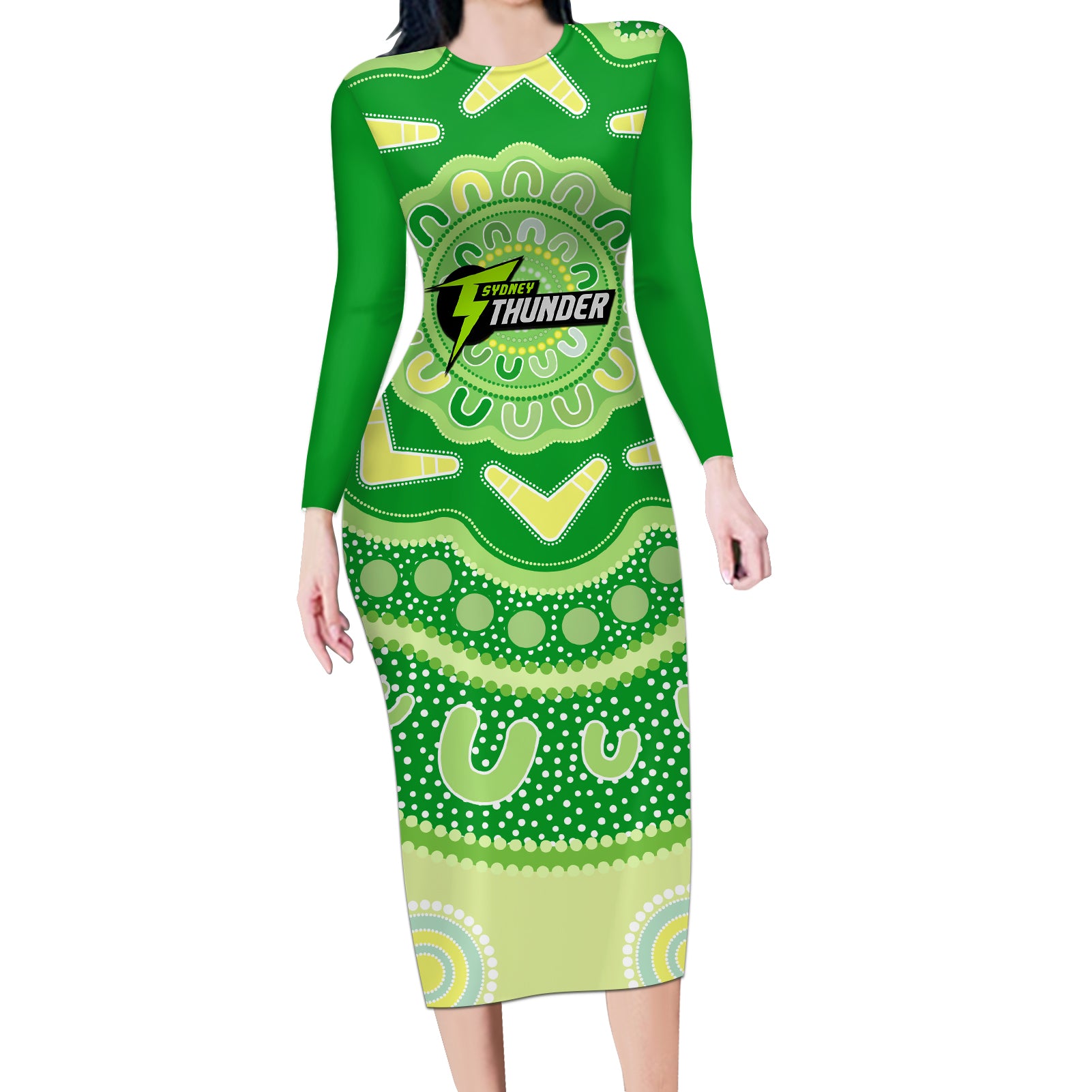 Custom BBL Thunder Cricket Long Sleeve Bodycon Dress 2024 Aboriginal Art