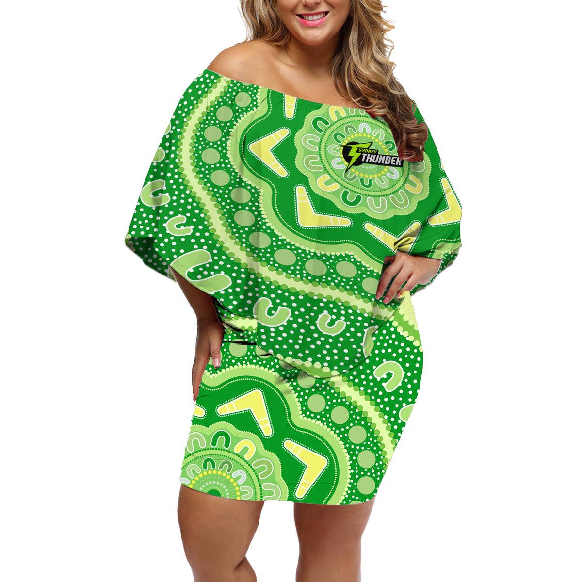 Custom BBL Thunder Cricket Off Shoulder Short Dress 2024 Aboriginal Art