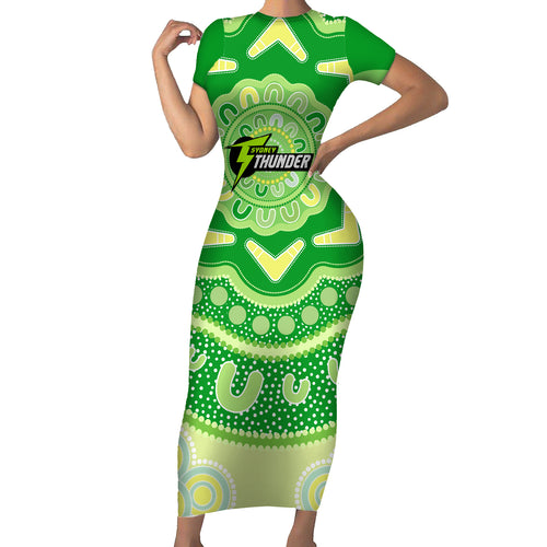 Custom BBL Thunder Cricket Short Sleeve Bodycon Dress 2024 Aboriginal Art
