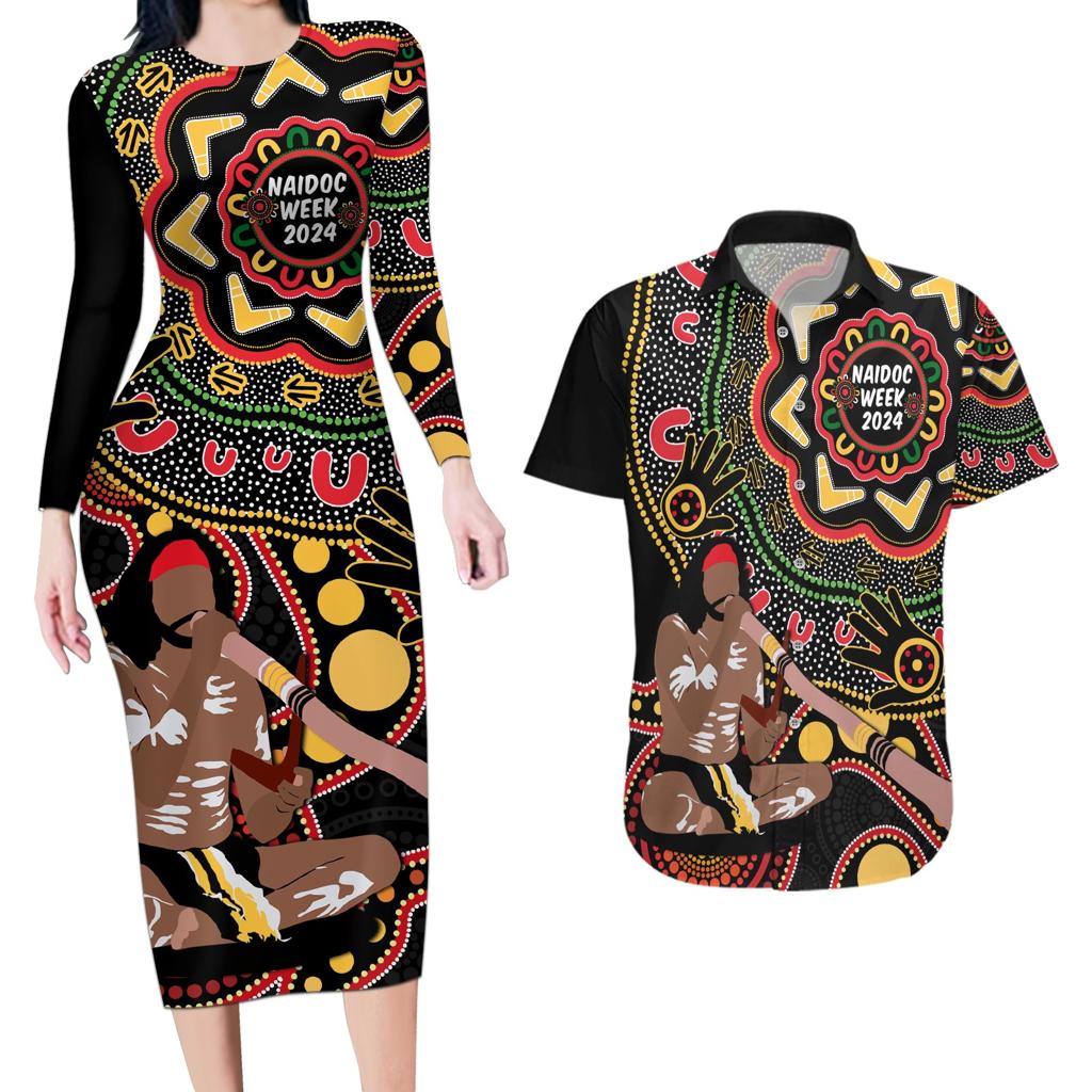 Australia Didgeridoo NAIDOC Week 2024 Couples Matching Long Sleeve Bodycon Dress and Hawaiian Shirt Keep The Fire Burning Blak Loud and Proud