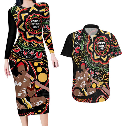 Australia Didgeridoo NAIDOC Week 2024 Couples Matching Long Sleeve Bodycon Dress and Hawaiian Shirt Keep The Fire Burning Blak Loud and Proud