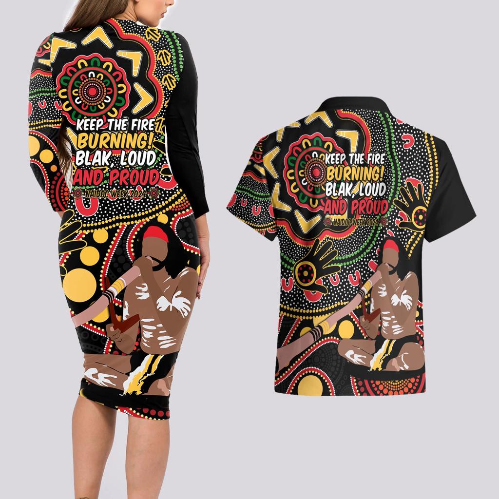Australia Didgeridoo NAIDOC Week 2024 Couples Matching Long Sleeve Bodycon Dress and Hawaiian Shirt Keep The Fire Burning Blak Loud and Proud