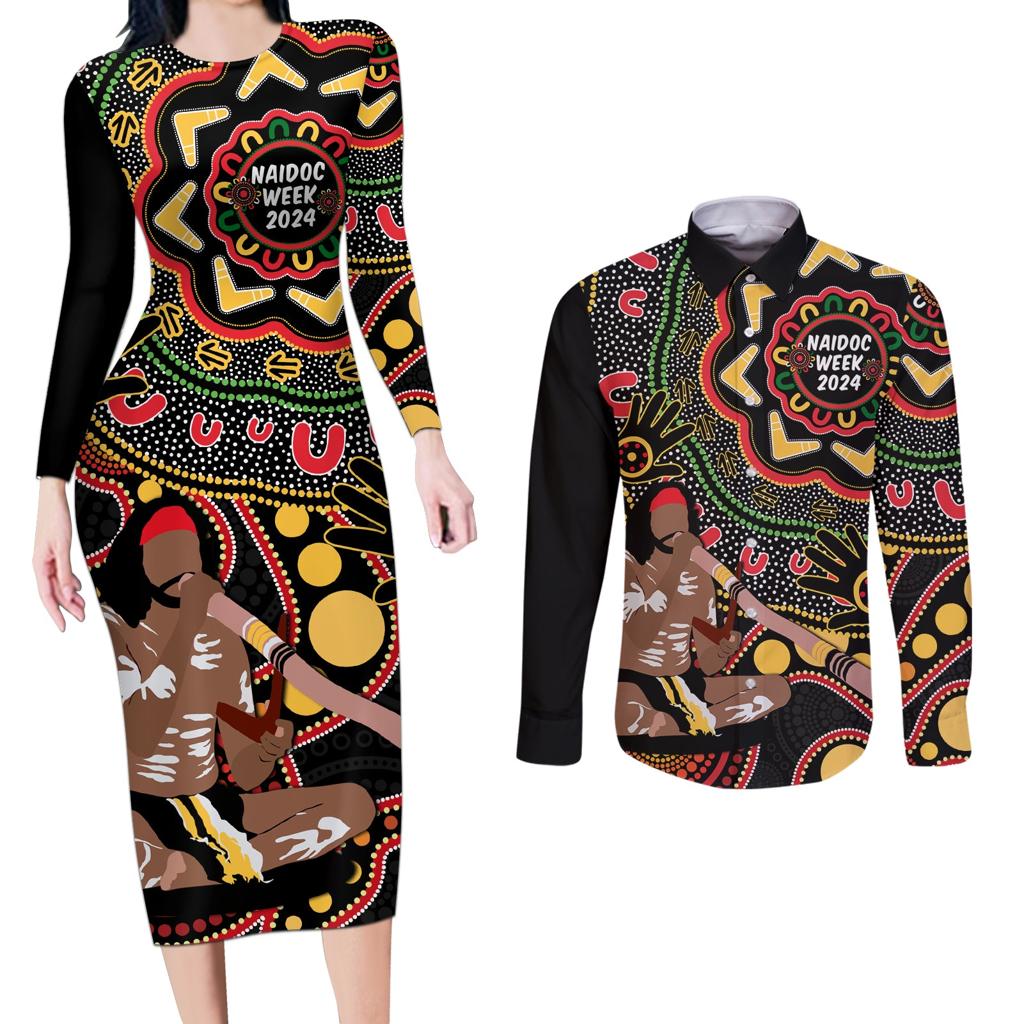 Australia Didgeridoo NAIDOC Week 2024 Couples Matching Long Sleeve Bodycon Dress and Long Sleeve Button Shirt Keep The Fire Burning Blak Loud and Proud