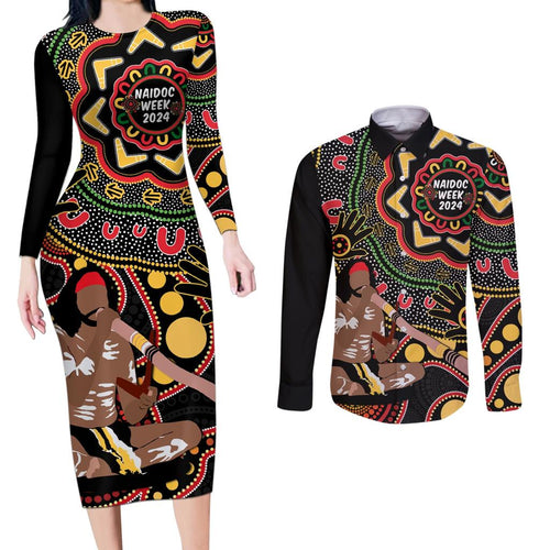 Australia Didgeridoo NAIDOC Week 2024 Couples Matching Long Sleeve Bodycon Dress and Long Sleeve Button Shirt Keep The Fire Burning Blak Loud and Proud