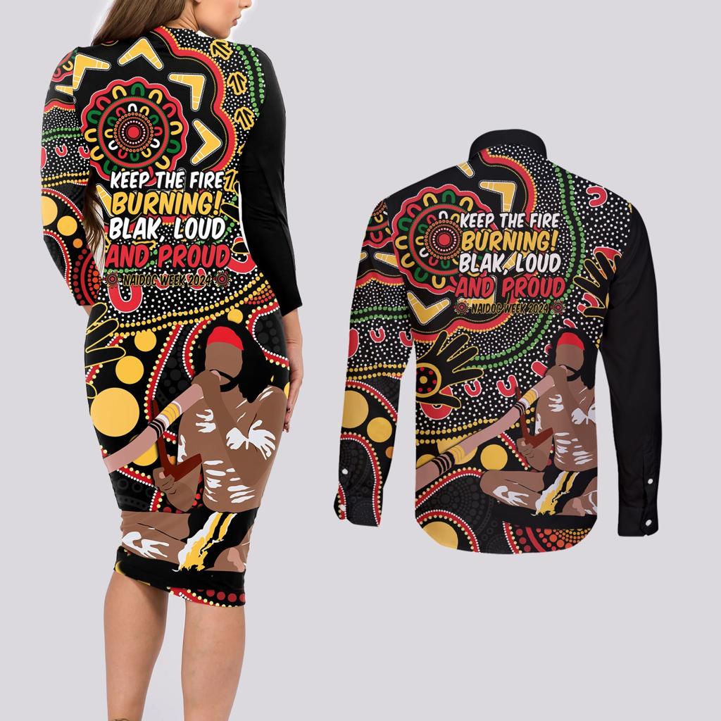 Australia Didgeridoo NAIDOC Week 2024 Couples Matching Long Sleeve Bodycon Dress and Long Sleeve Button Shirt Keep The Fire Burning Blak Loud and Proud