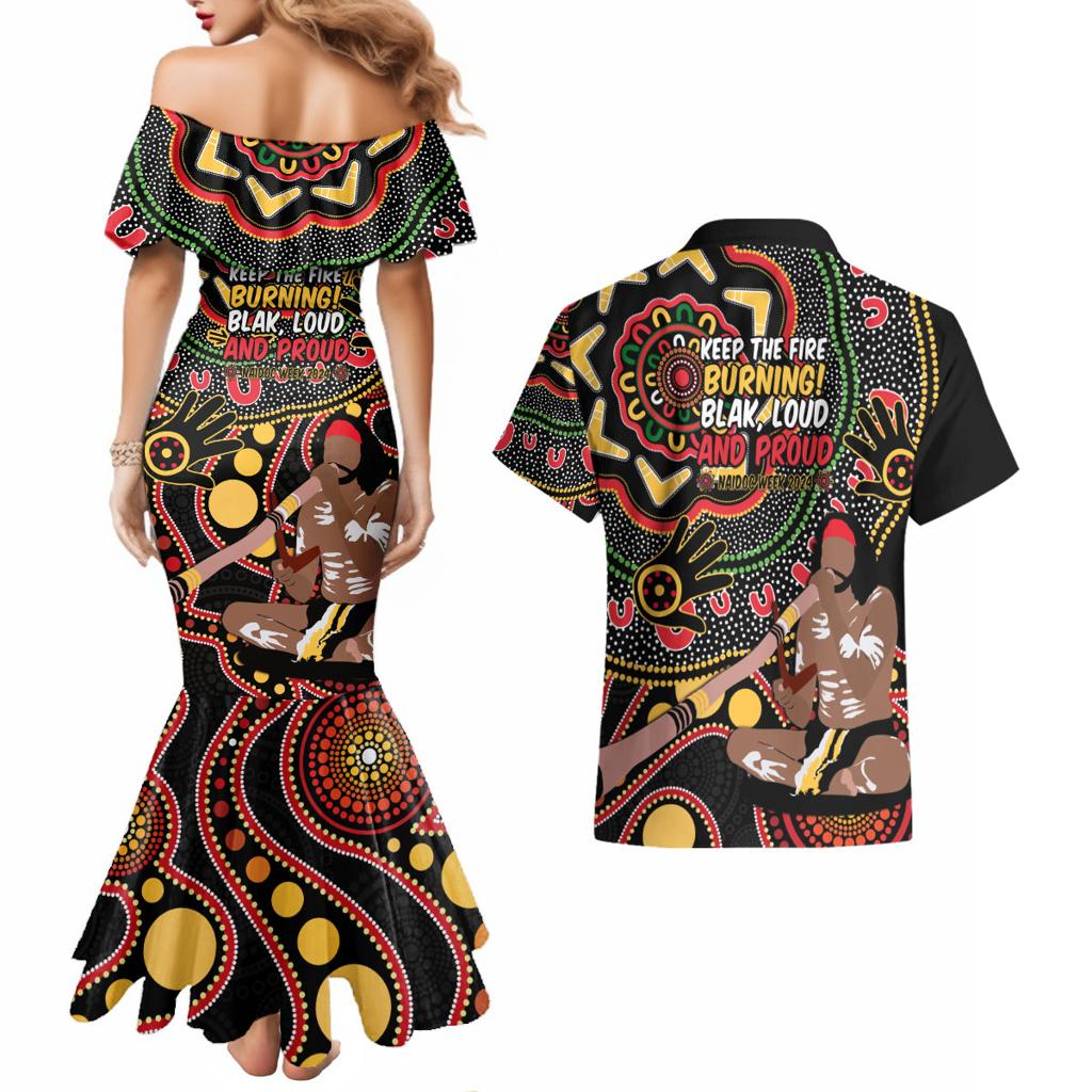Australia Didgeridoo NAIDOC Week 2024 Couples Matching Mermaid Dress and Hawaiian Shirt Keep The Fire Burning Blak Loud and Proud