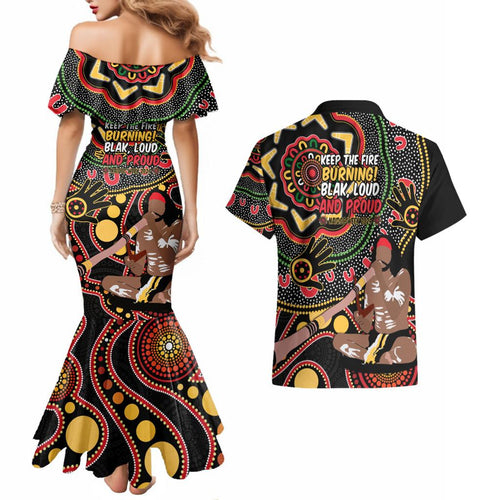 Australia Didgeridoo NAIDOC Week 2024 Couples Matching Mermaid Dress and Hawaiian Shirt Keep The Fire Burning Blak Loud and Proud