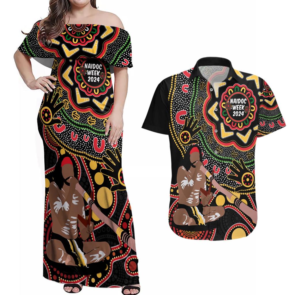 Australia Didgeridoo NAIDOC Week 2024 Couples Matching Off Shoulder Maxi Dress and Hawaiian Shirt Keep The Fire Burning Blak Loud and Proud