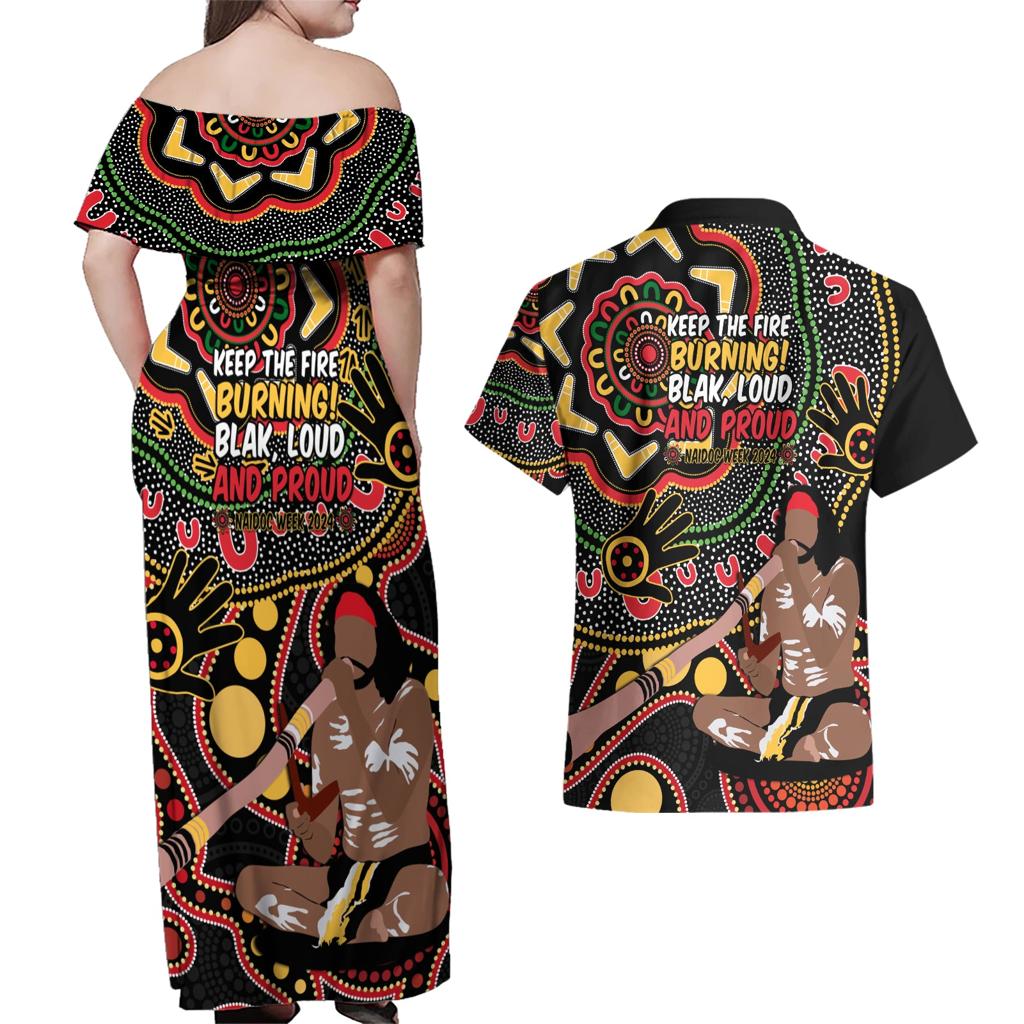Australia Didgeridoo NAIDOC Week 2024 Couples Matching Off Shoulder Maxi Dress and Hawaiian Shirt Keep The Fire Burning Blak Loud and Proud