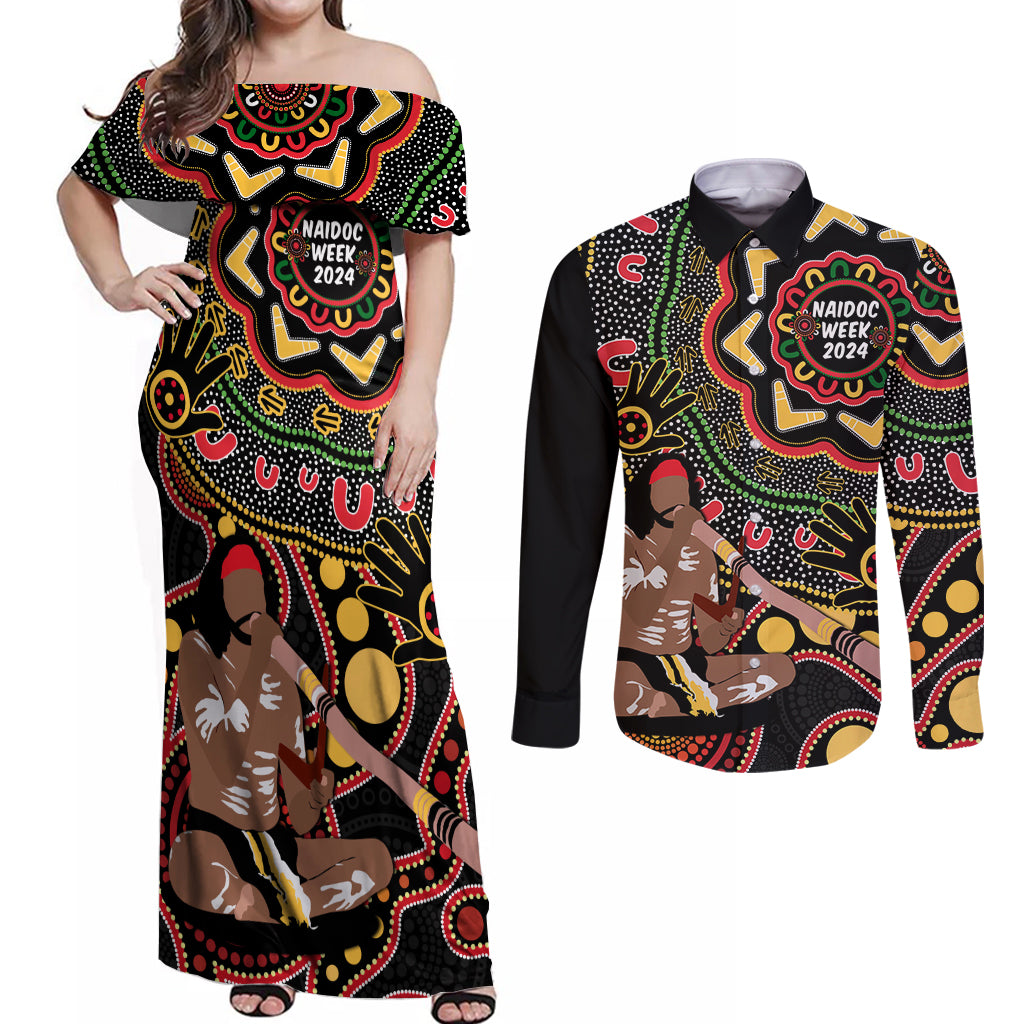 Australia Didgeridoo NAIDOC Week 2024 Couples Matching Off Shoulder Maxi Dress and Long Sleeve Button Shirt Keep The Fire Burning Blak Loud and Proud
