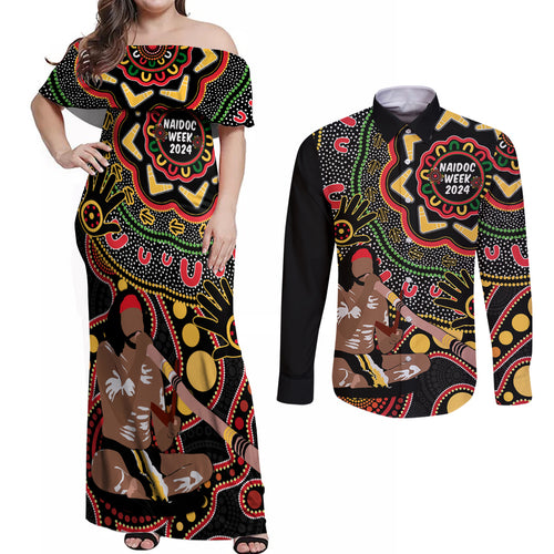 Australia Didgeridoo NAIDOC Week 2024 Couples Matching Off Shoulder Maxi Dress and Long Sleeve Button Shirt Keep The Fire Burning Blak Loud and Proud