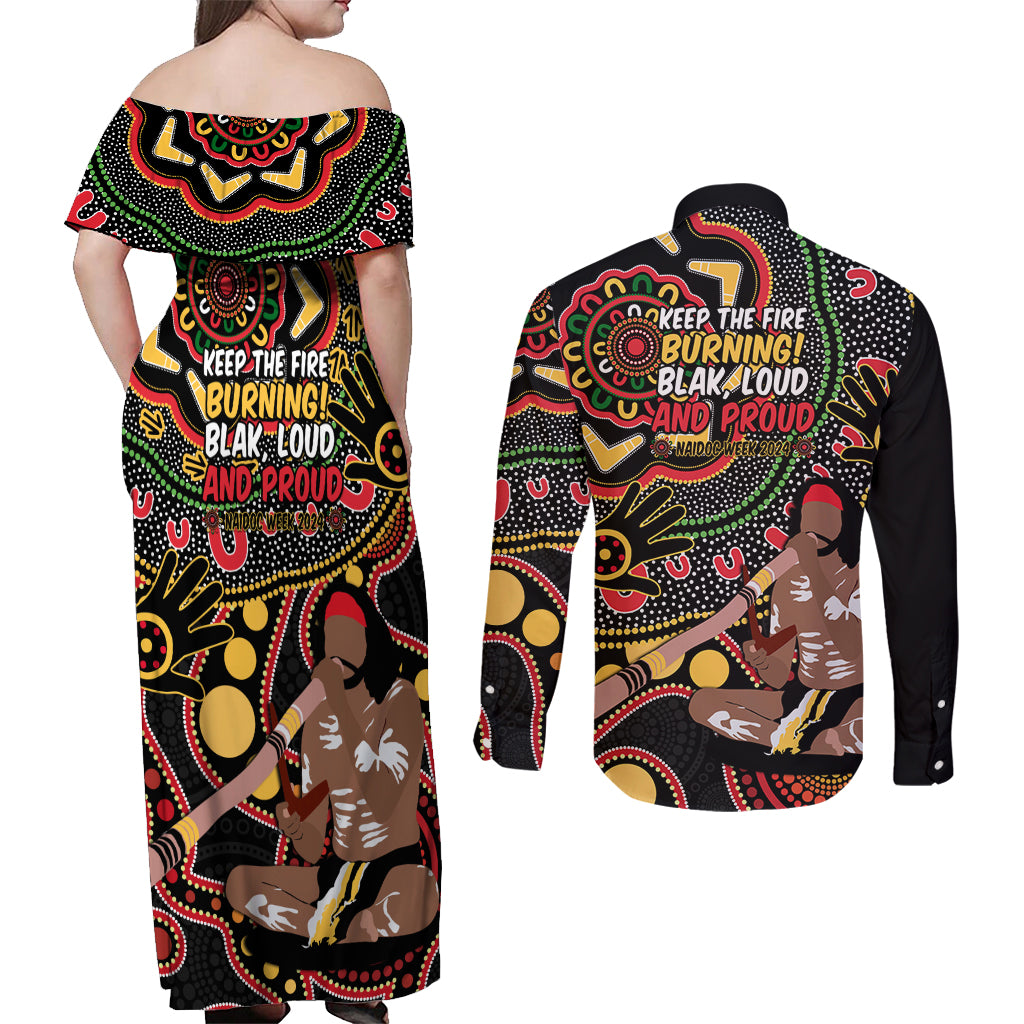 Australia Didgeridoo NAIDOC Week 2024 Couples Matching Off Shoulder Maxi Dress and Long Sleeve Button Shirt Keep The Fire Burning Blak Loud and Proud