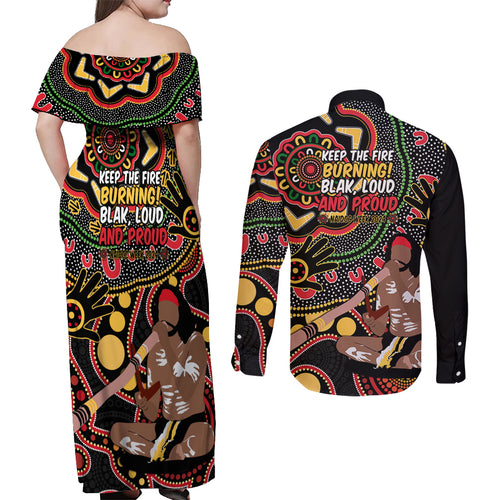 Australia Didgeridoo NAIDOC Week 2024 Couples Matching Off Shoulder Maxi Dress and Long Sleeve Button Shirt Keep The Fire Burning Blak Loud and Proud