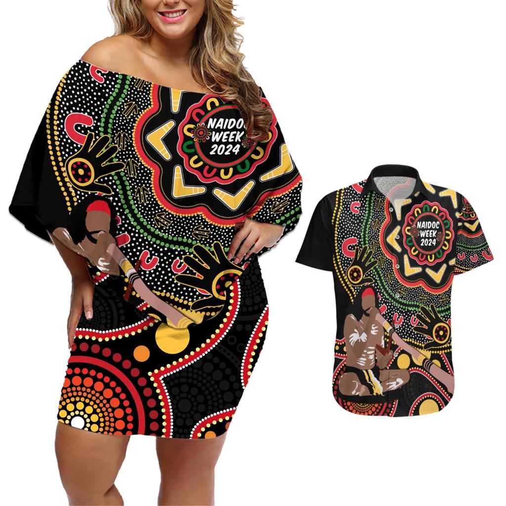Australia Didgeridoo NAIDOC Week 2024 Couples Matching Off Shoulder Short Dress and Hawaiian Shirt Keep The Fire Burning Blak Loud and Proud