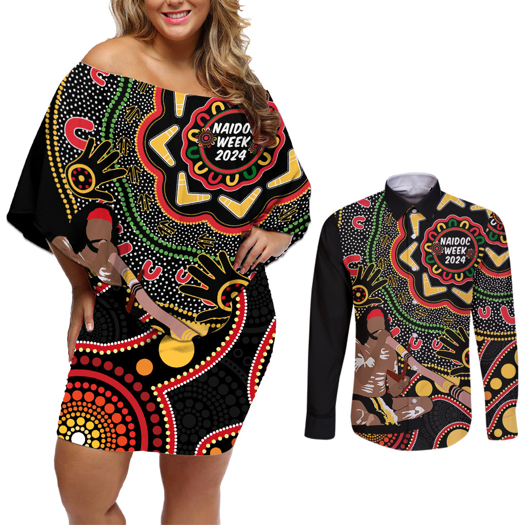 Australia Didgeridoo NAIDOC Week 2024 Couples Matching Off Shoulder Short Dress and Long Sleeve Button Shirt Keep The Fire Burning Blak Loud and Proud